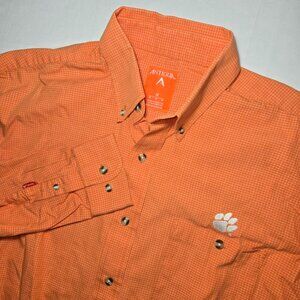 Antigua Clemson Tigers Mens Medium Orange Micro Check Button Down Shirt Paw Logo